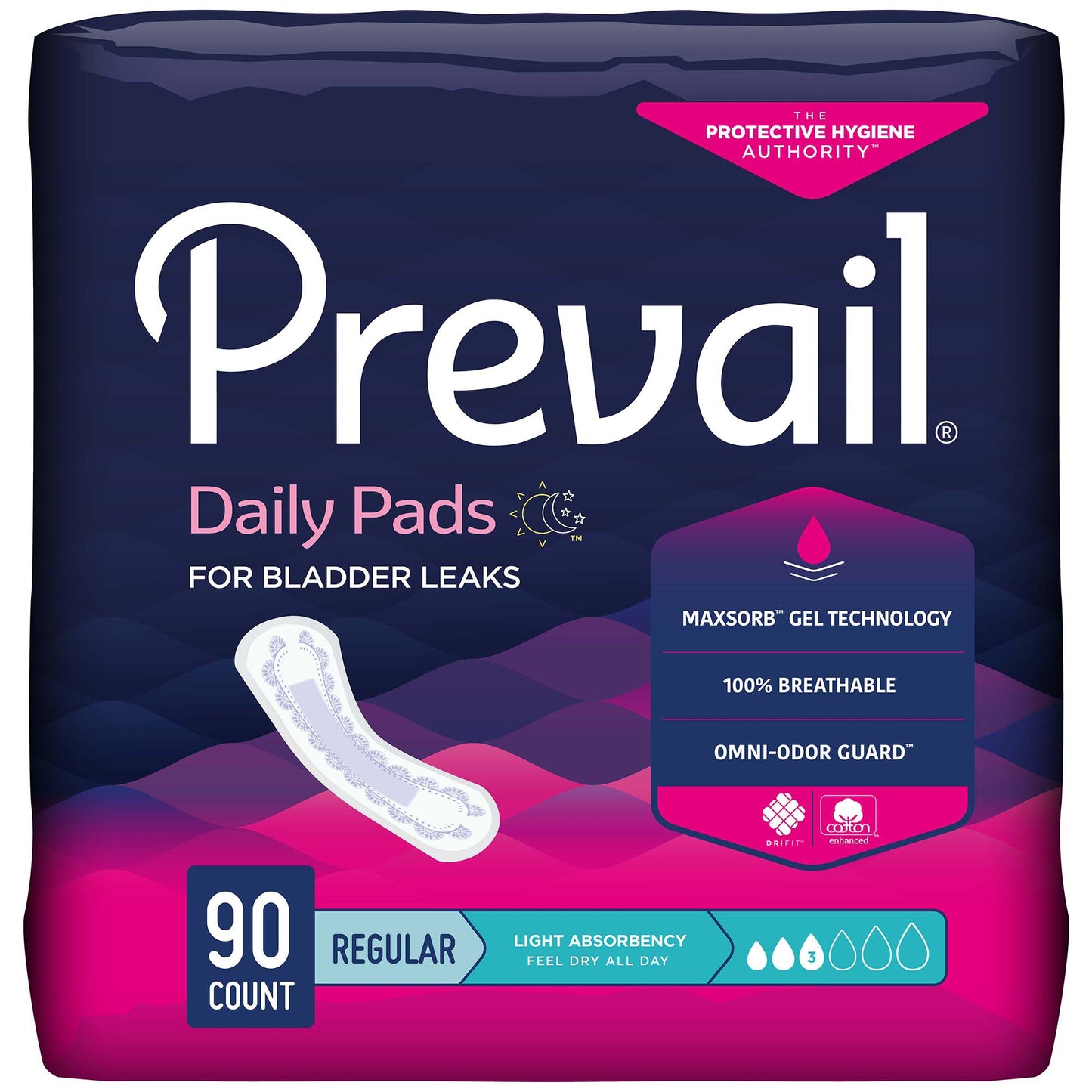 Package of Prevail daily pads for bladder leaks with product details on a dark blue and pink background.