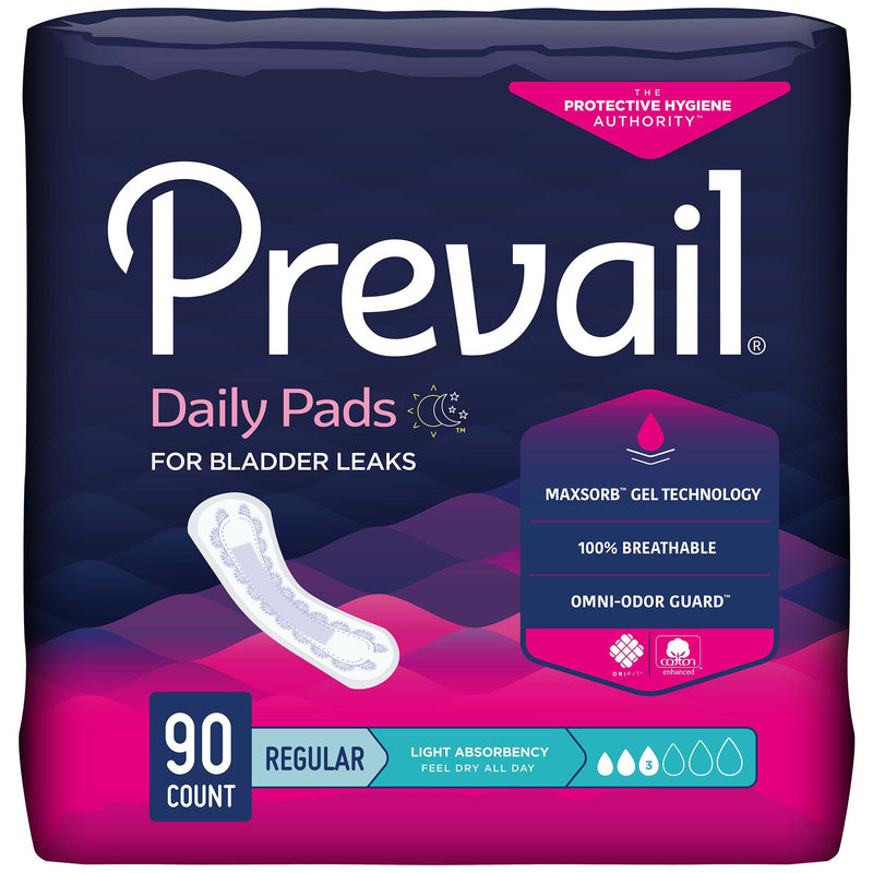 Package of Prevail daily pads for bladder leaks with product details on a dark blue and pink background.