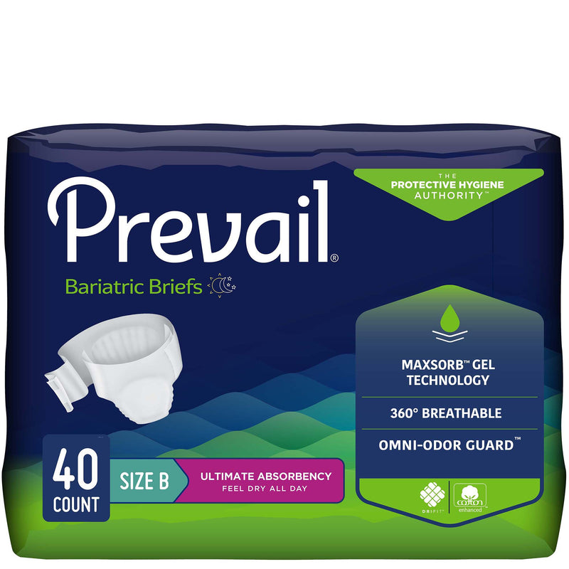 Package of Prevail Bariatric Briefs with product details on a white background