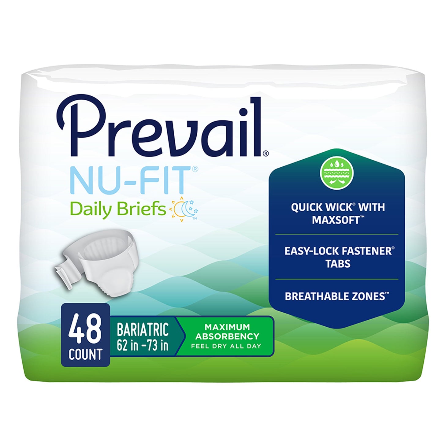 Package of Prevail Nu-Fit daily briefs with product features on a white background