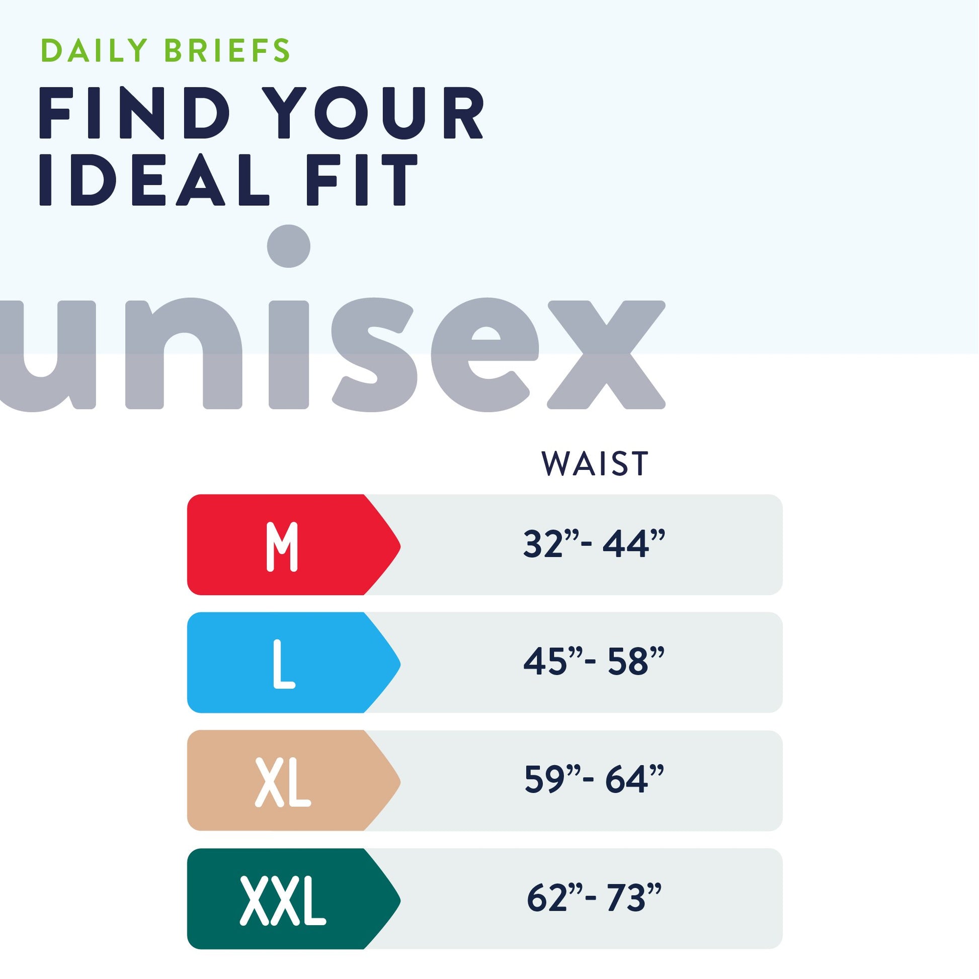 Unisex daily brief size chart with waist measurements