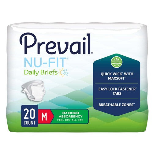 Package of Prevail Nu-Fit daily briefs on a white background