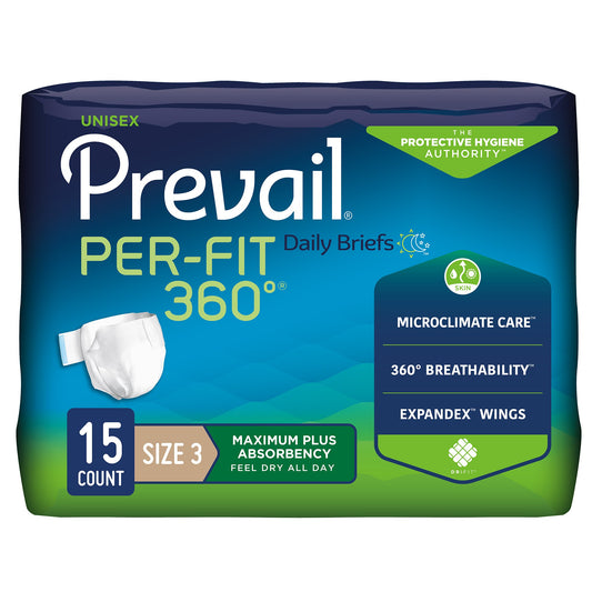 Package of Prevail Per-Fit 360 daily briefs on a white background