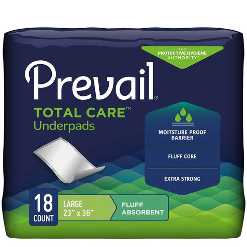 Package of Prevail Total Care Underpads with product details on a white background