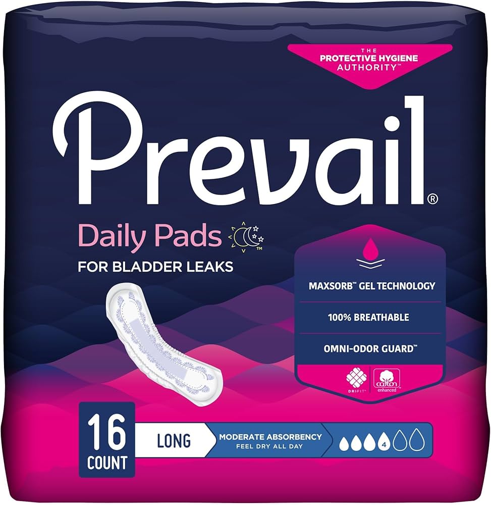 Package of Prevail daily pads for bladder leaks with product details on a dark blue and pink background.