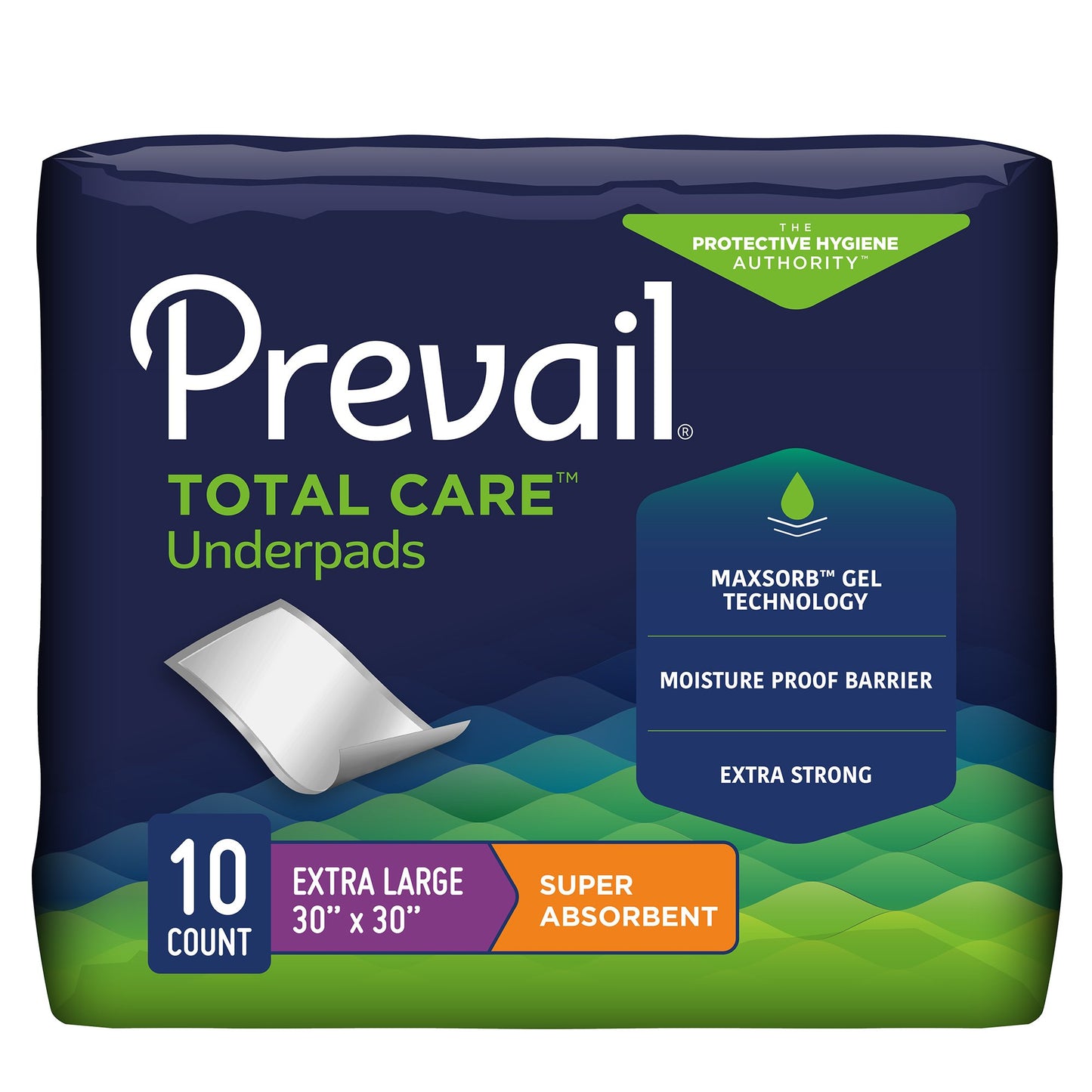 Package of Prevail Total Care Underpads with text highlighting features on a white background