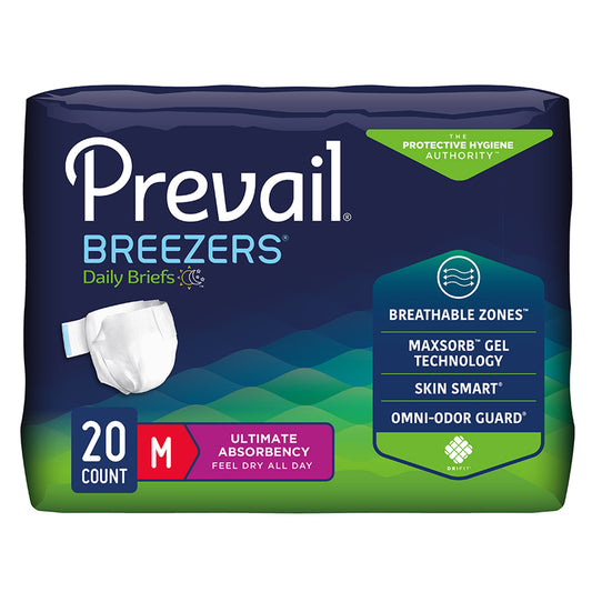 Package of Prevail Breezers Daily Briefs with features highlighted on a white background