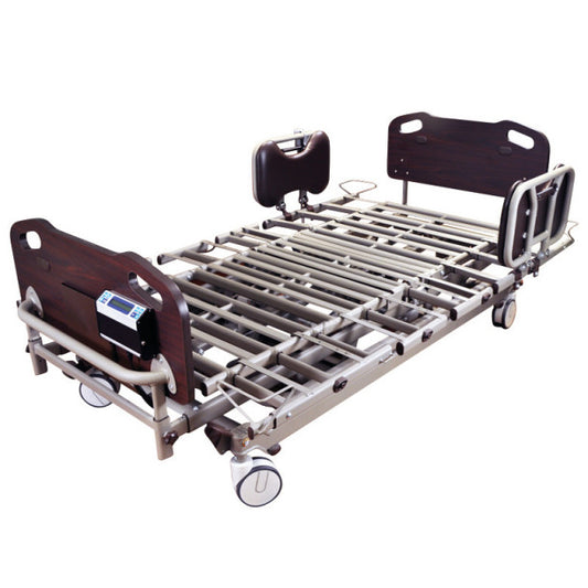 Hospital bed with wooden head and foot panels on a white background