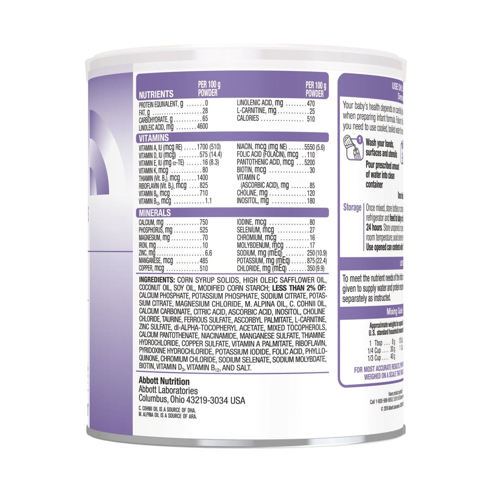 Nutritional label on a can of baby formula with detailed ingredient and nutritional information.