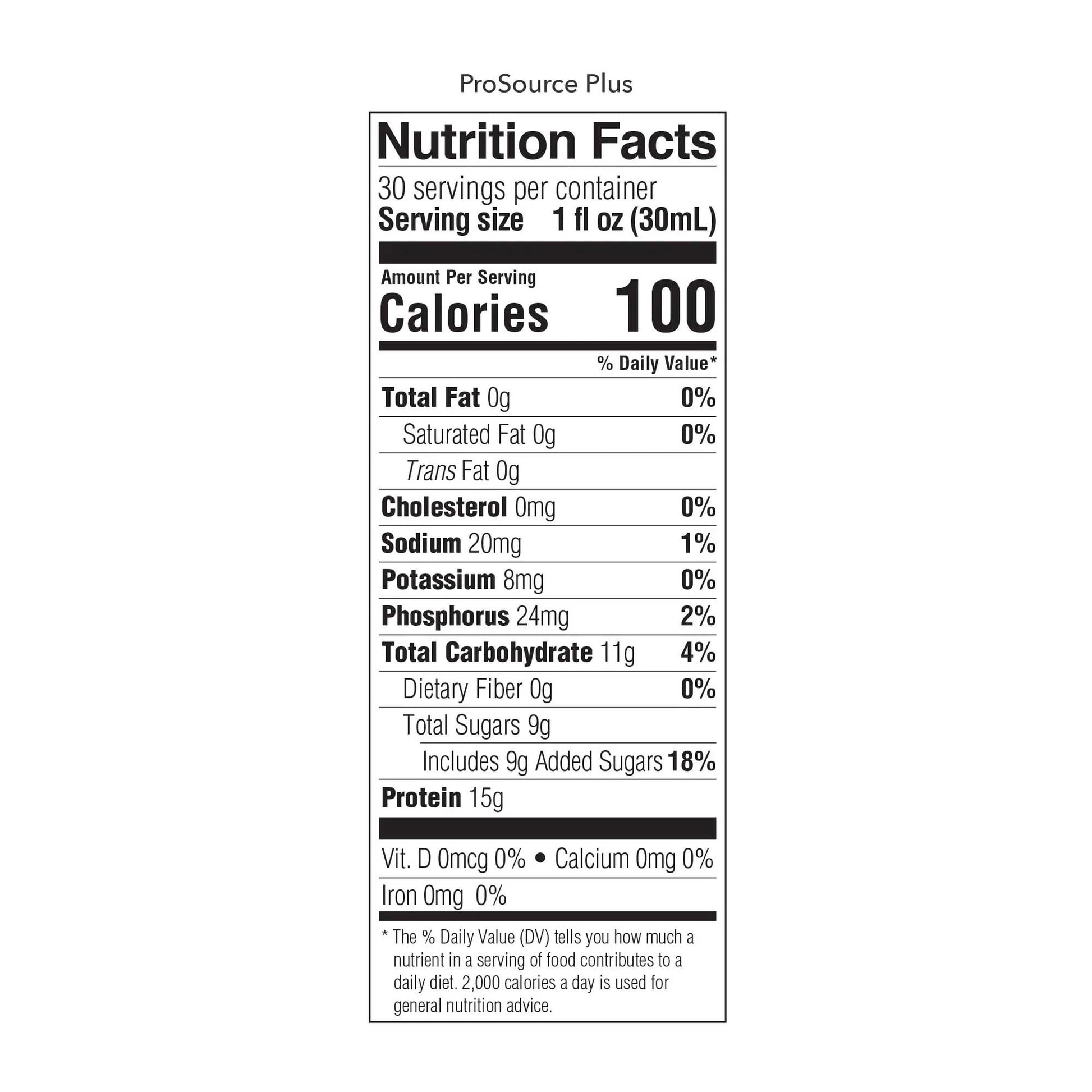 Nutrition facts label for ProSource Plus on a white background