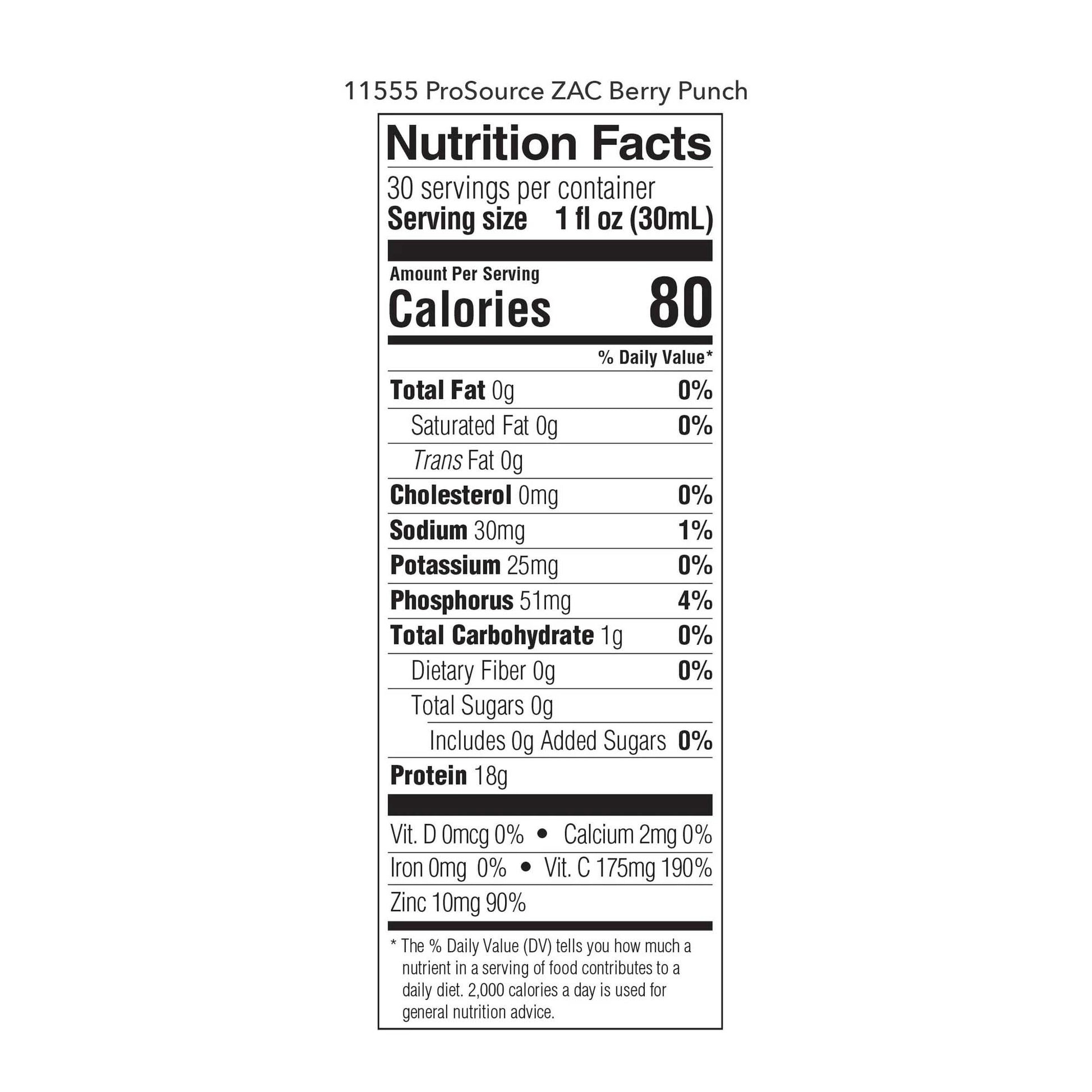 Nutrition facts label for ProSource ZAC Berry Punch on a white background