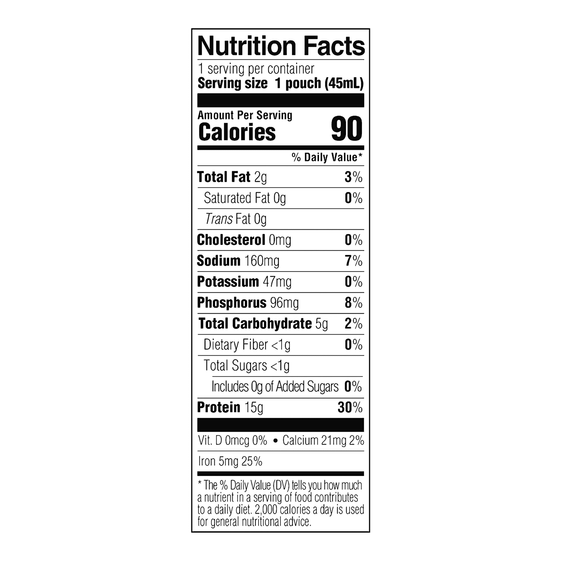 Nutrition facts label for a product with serving size of 1 pouch (45mL) and 90 calories.