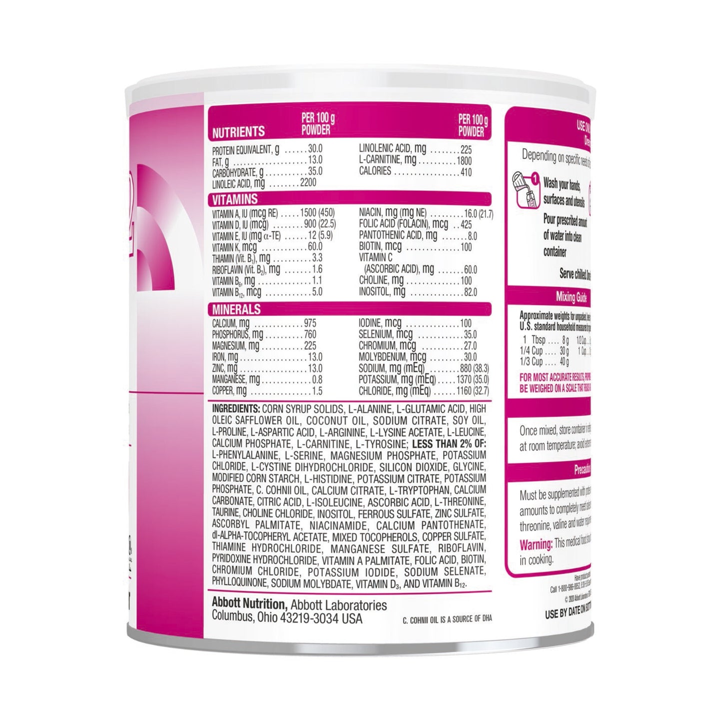 Nutritional label on a container of Abbott Nutrition powder