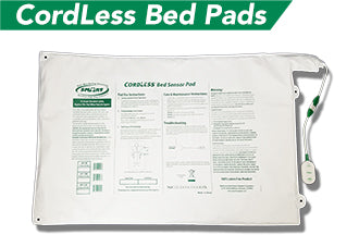 Cordless bed pad with label on a white background