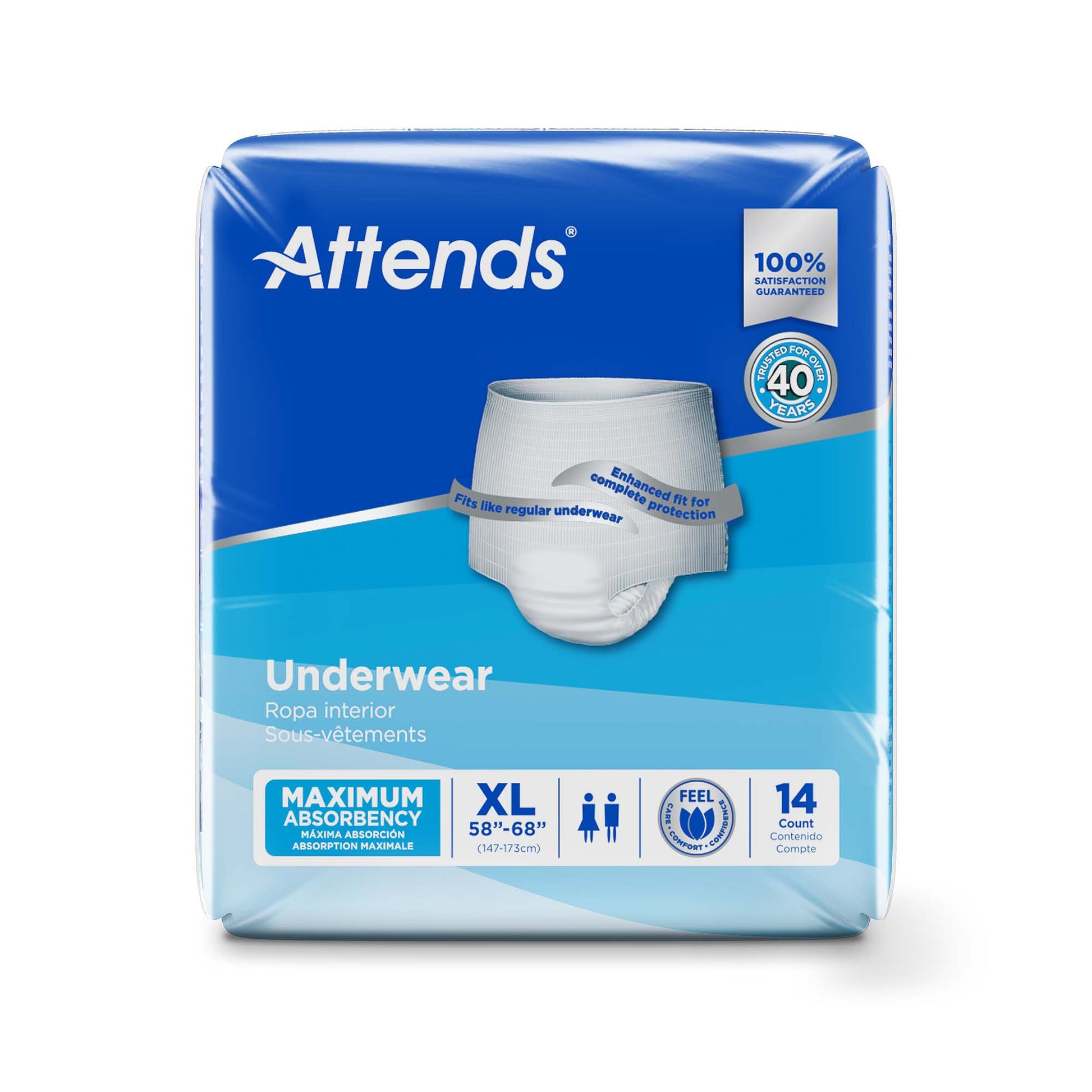 Pack of Attends maximum absorbency underwear on a white background