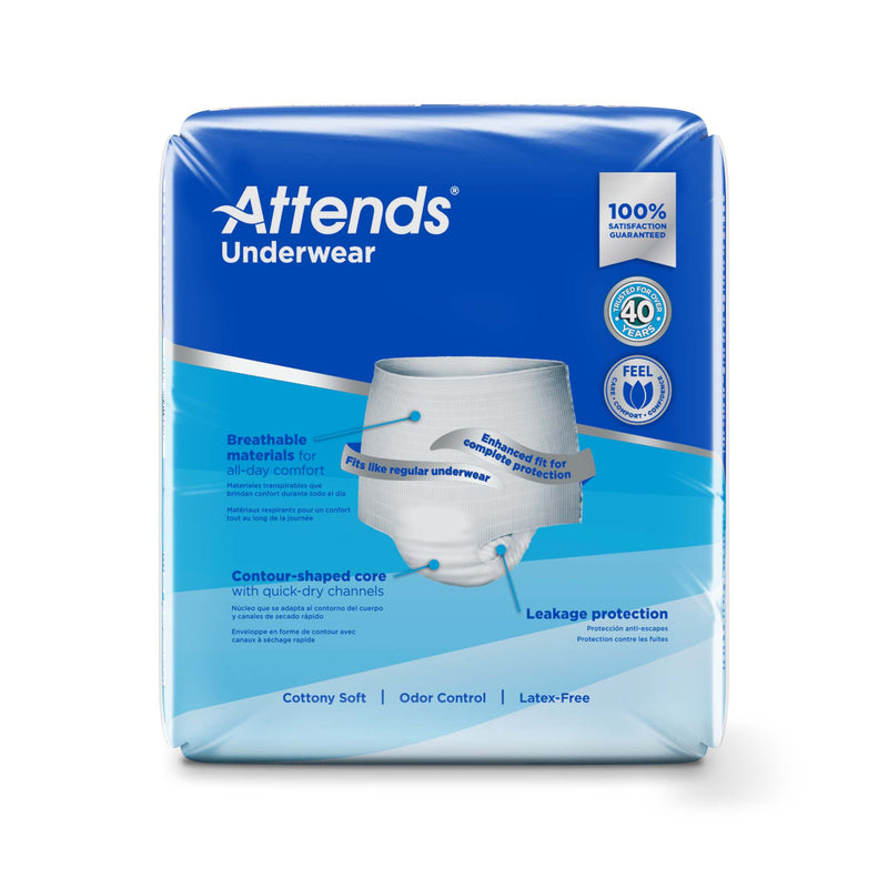 Attends Underwear packaging with blue and white design on a white background