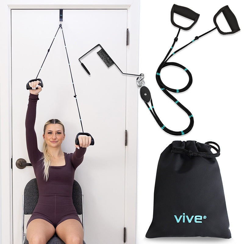 Woman using a home gym setup with resistance bands and a black bag labeled 'Vive' on a white background.