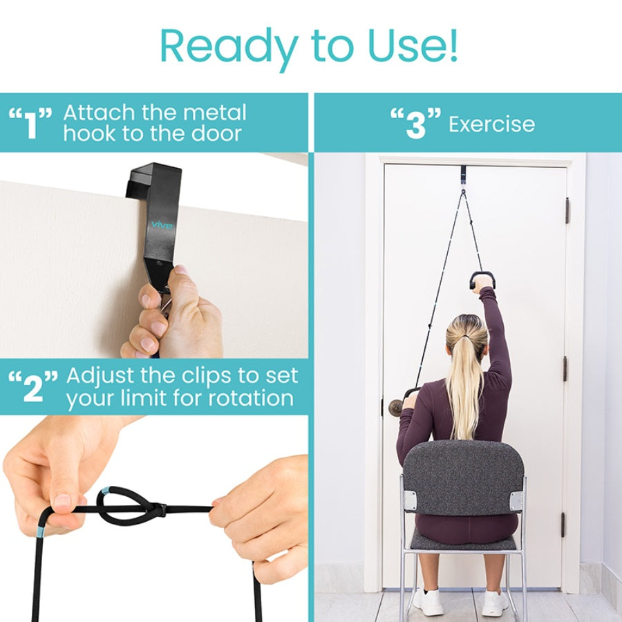 Step-by-step guide on using a door-based exercise system with text instructions.