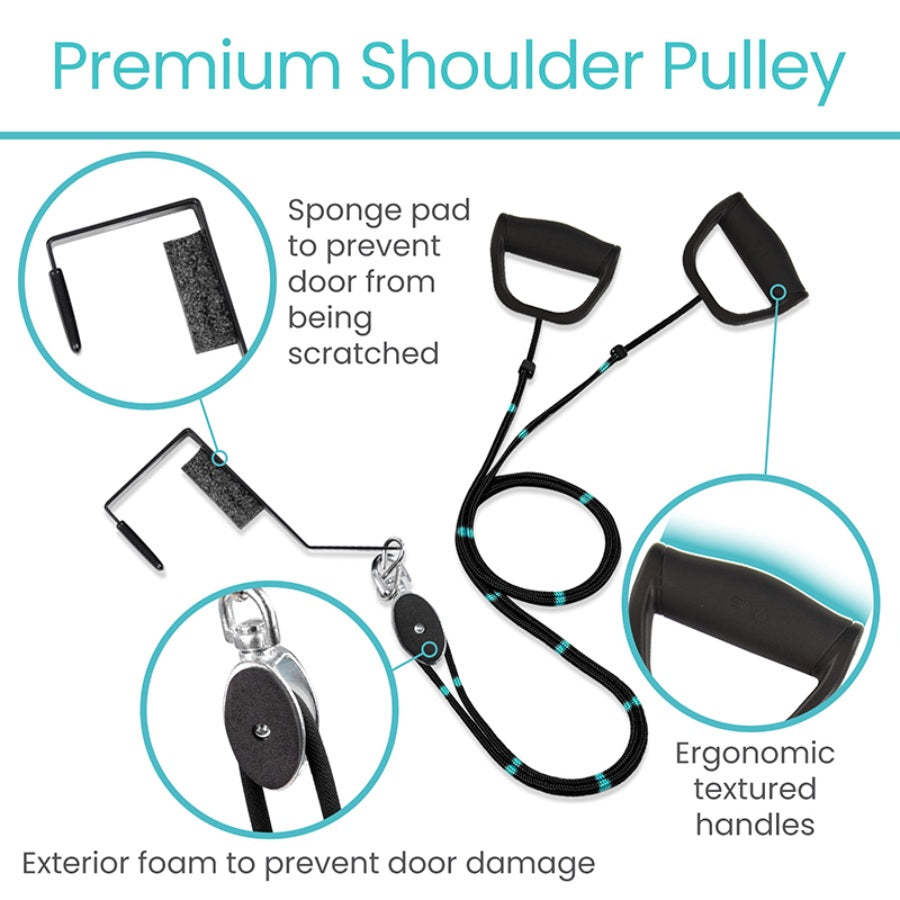 Premium shoulder pulley system with features highlighted on a white background