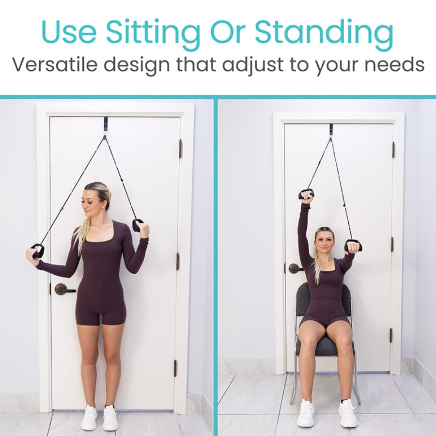 Woman using a door exercise system for sitting or standing workouts.