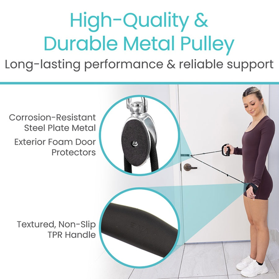 Advertisement for a high-quality metal pulley system with text highlighting features and a woman using it.