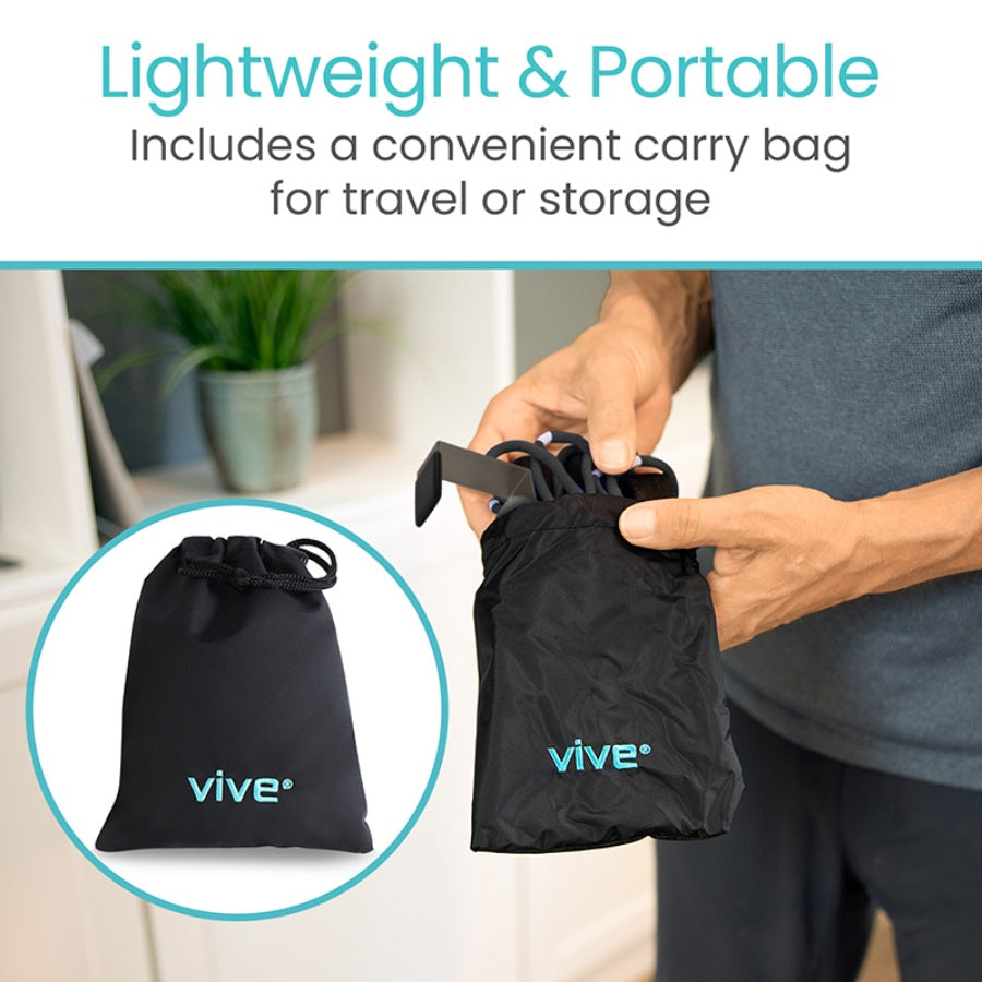 Person holding a black carrying bag with 'vive' branding, featuring text about lightweight and portable design.