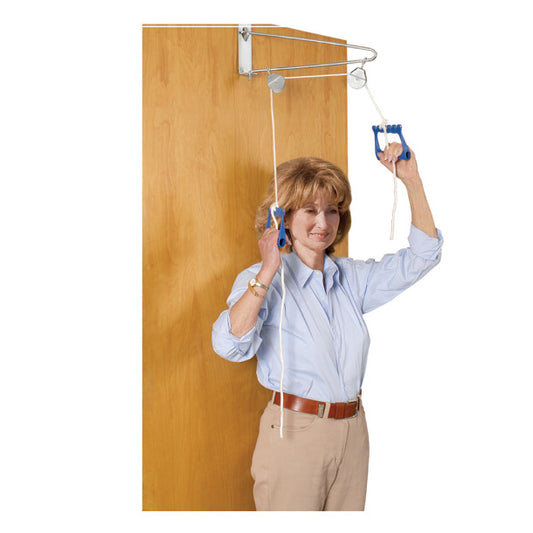 Woman using a door exercise device against a wooden door.