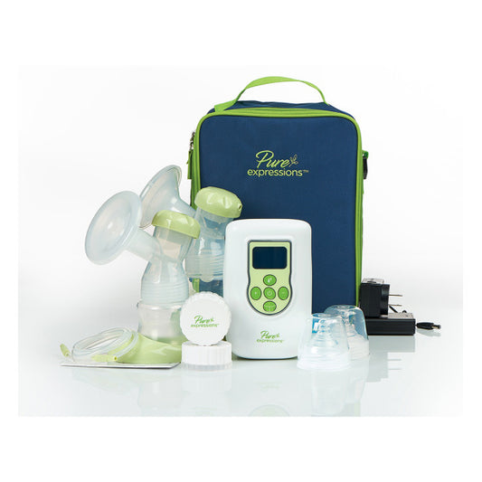 Breast pump set with accessories and carrying case on a white background