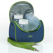 Blue and green bag with baby bottles inside on a white background