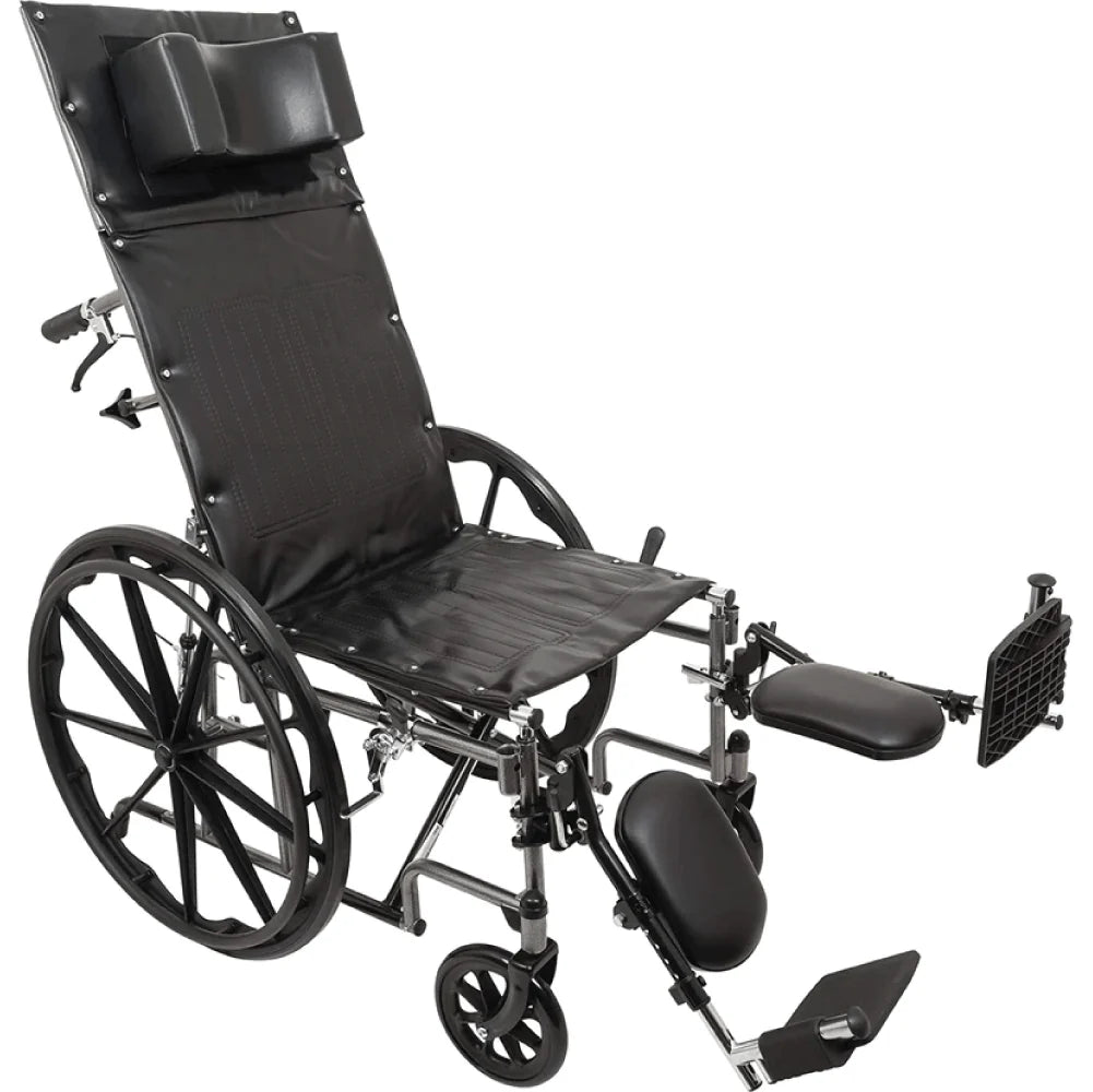 Black reclining wheelchair on a white background