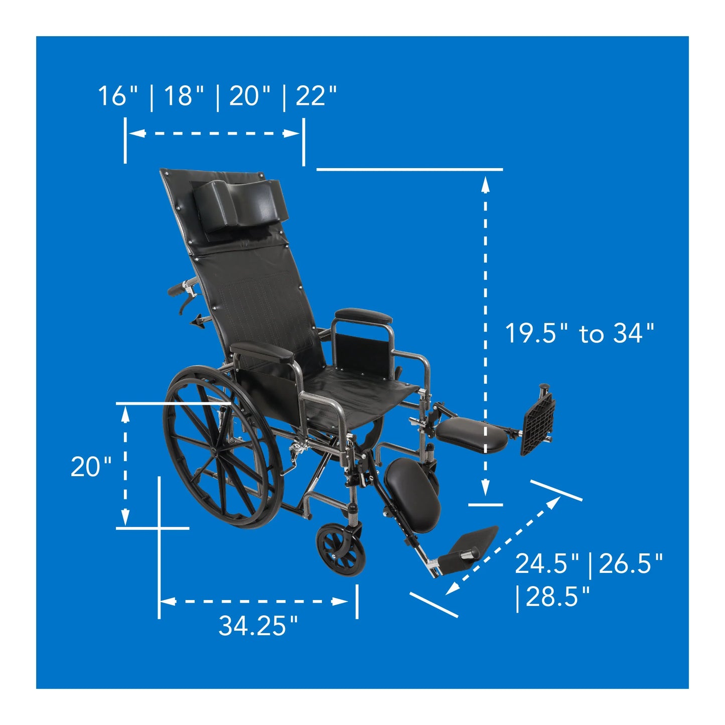 Wheelchair with dimensions labeled on a blue background