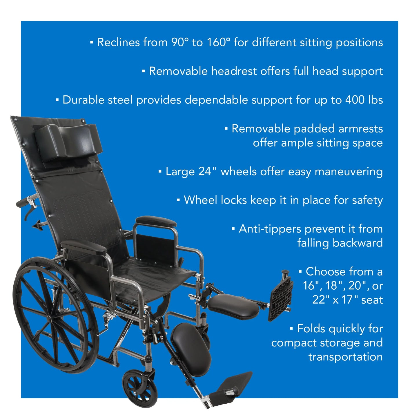 Reclining wheelchair with features listed on a blue background