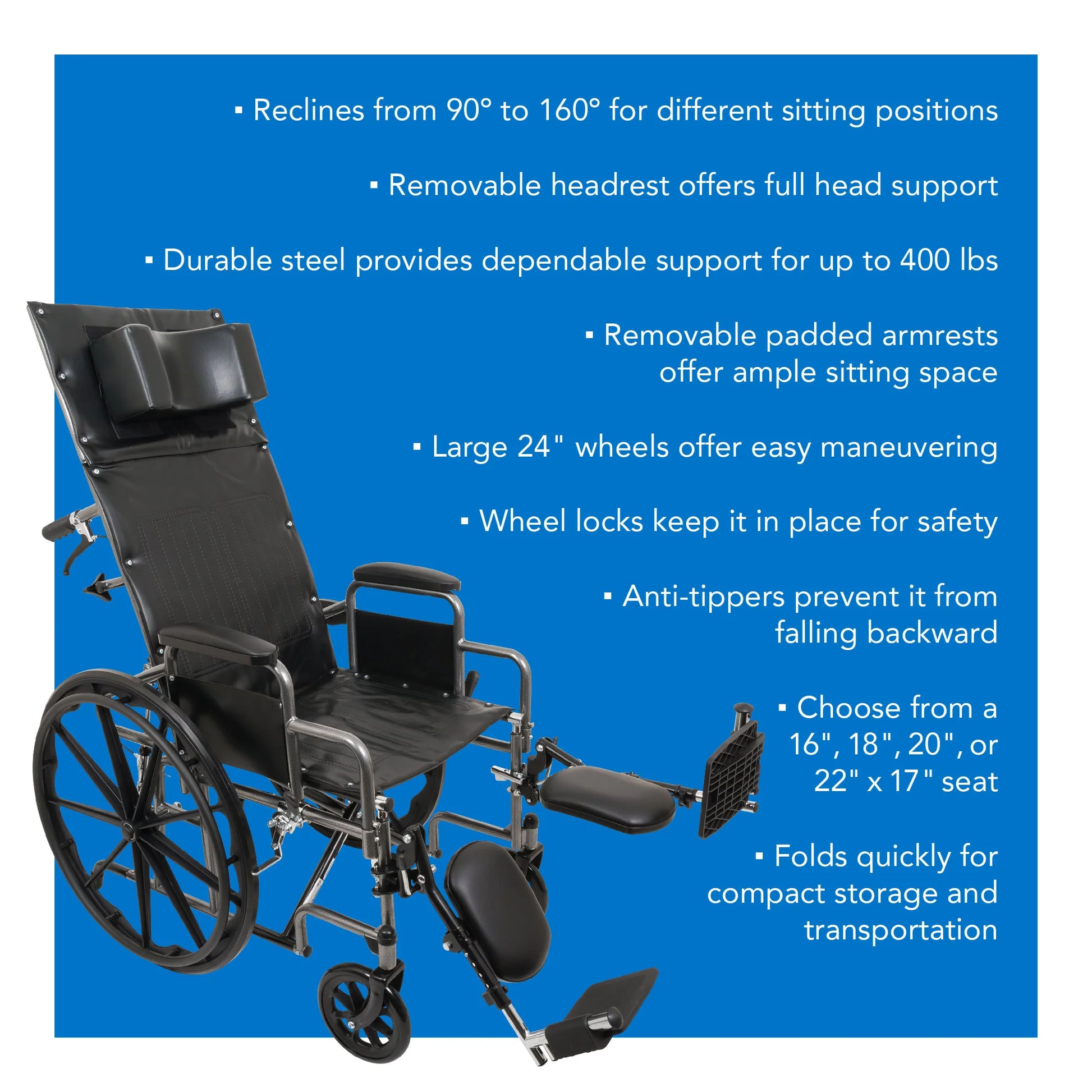 Reclining wheelchair with features listed on a blue background