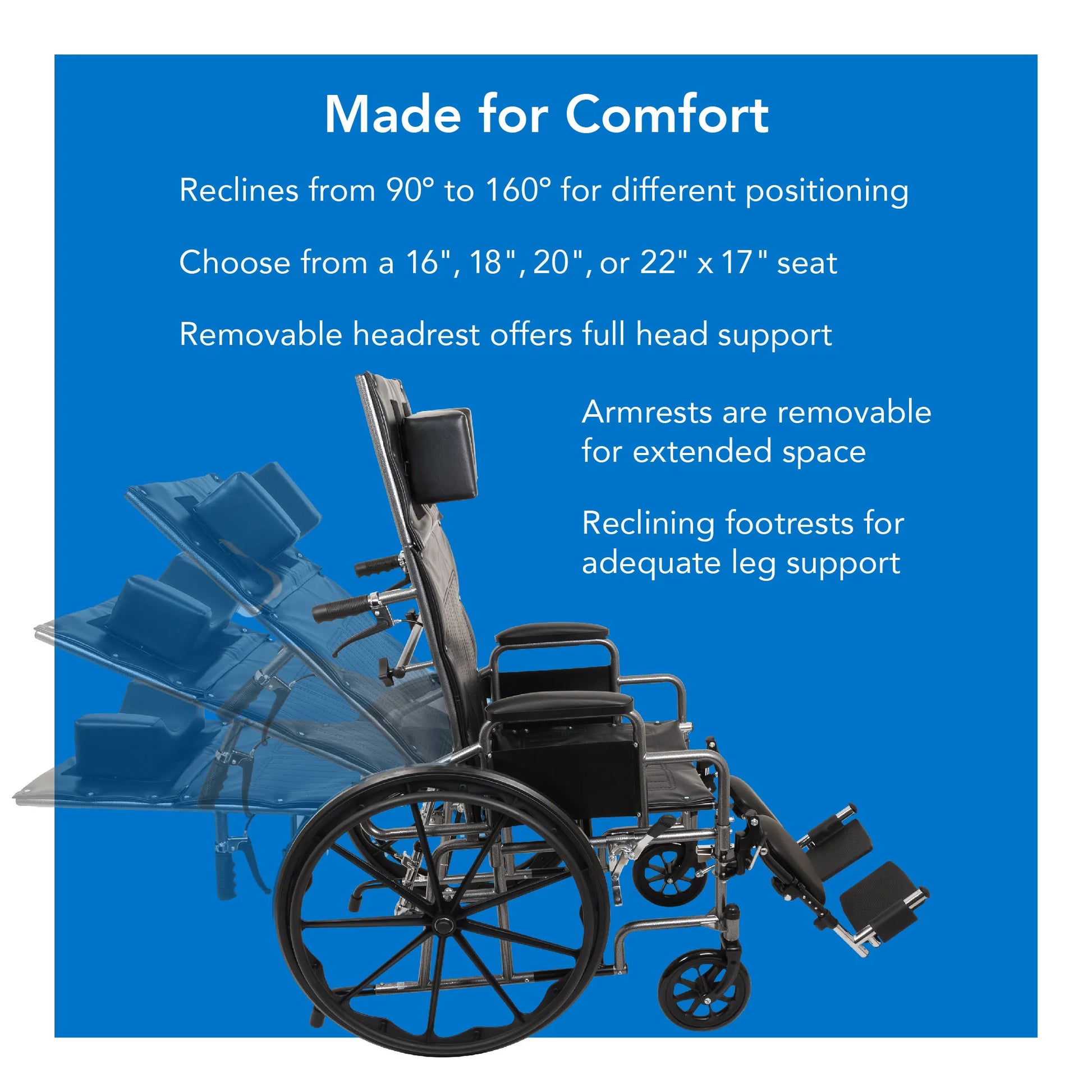 Wheelchair with reclining features on a blue background