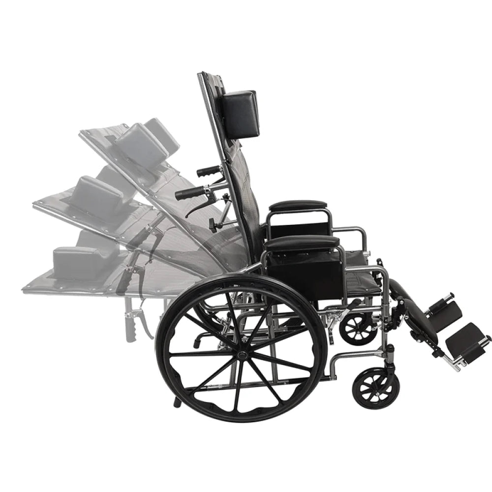 Black wheelchair with various attachments on a white background