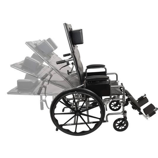 Black wheelchair with various attachments on a white background