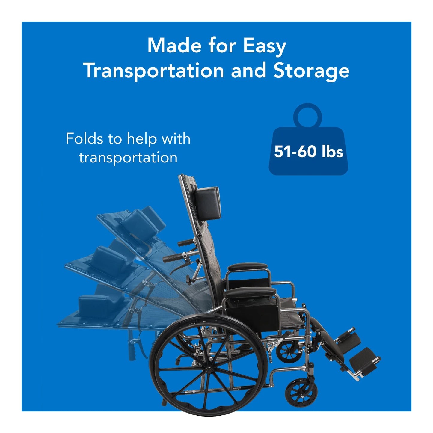 Wheelchair with text about easy transportation and storage on a blue background