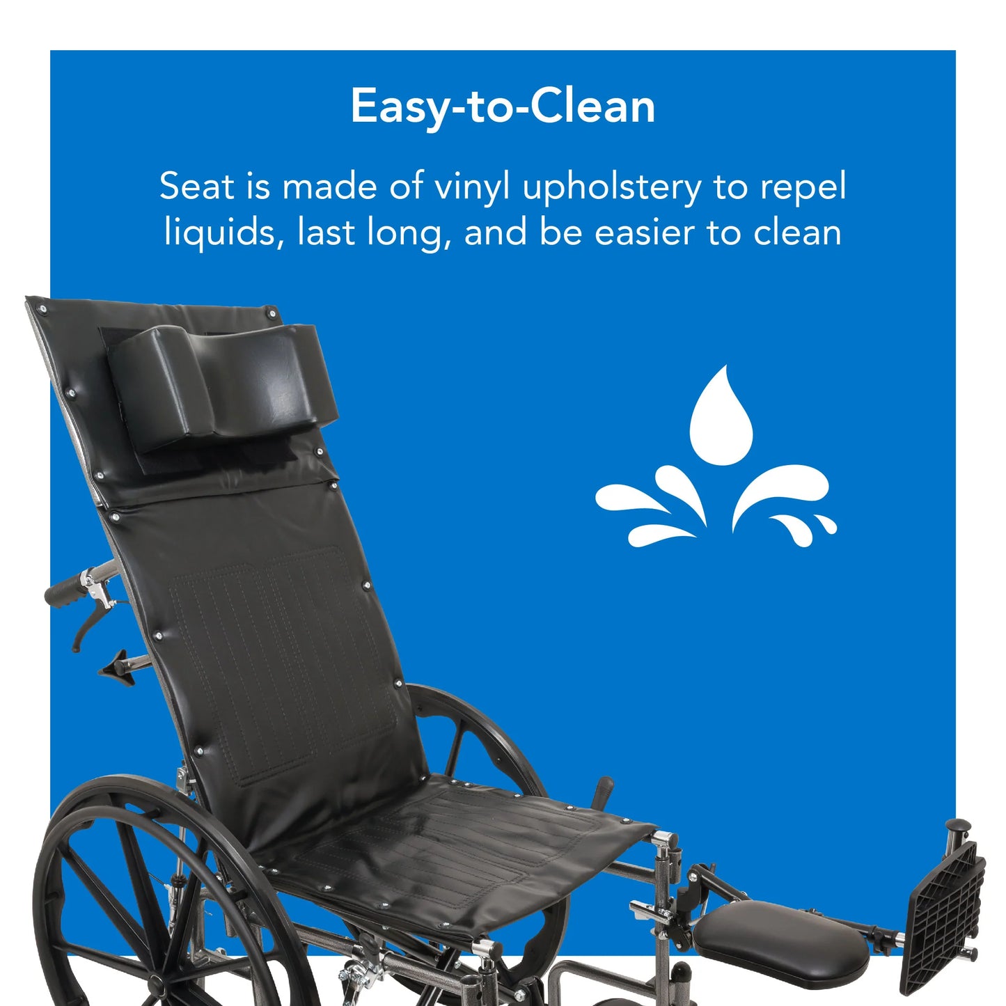 Wheelchair with vinyl upholstered seat on a blue background, highlighting ease of cleaning.