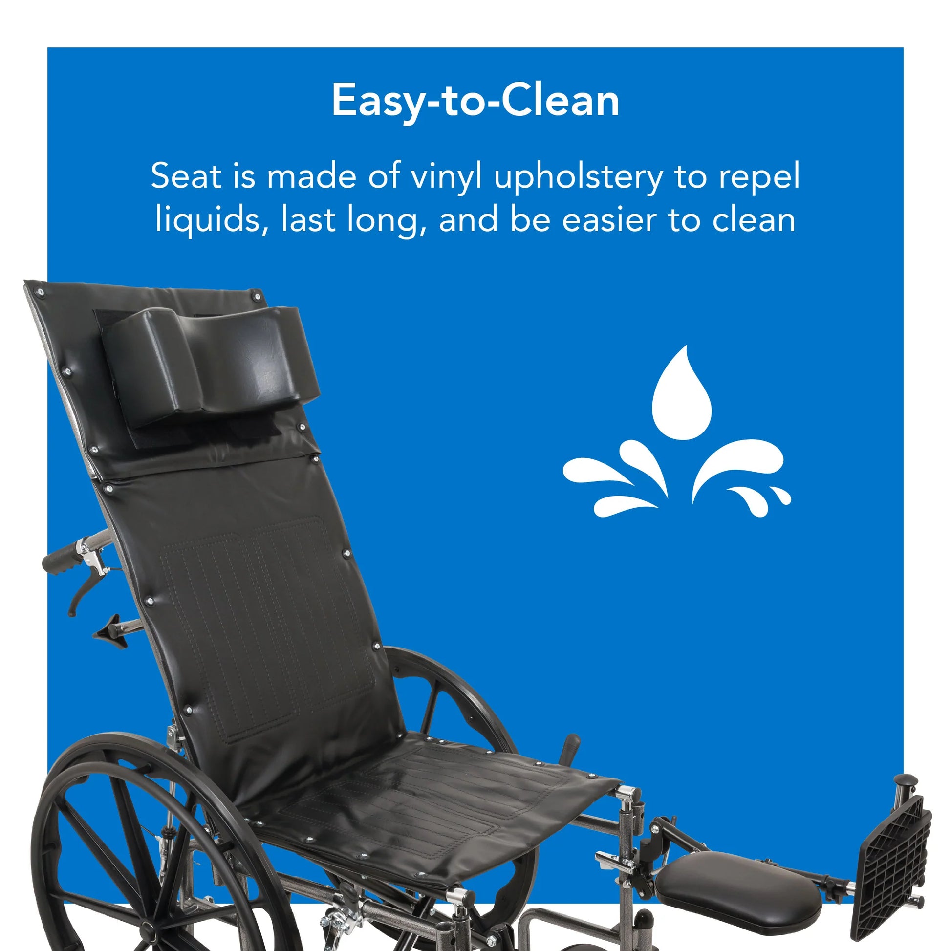 Wheelchair with vinyl upholstered seat on a blue background, highlighting ease of cleaning.
