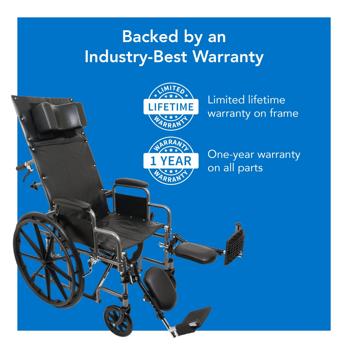 Wheelchair with warranty information on a blue background