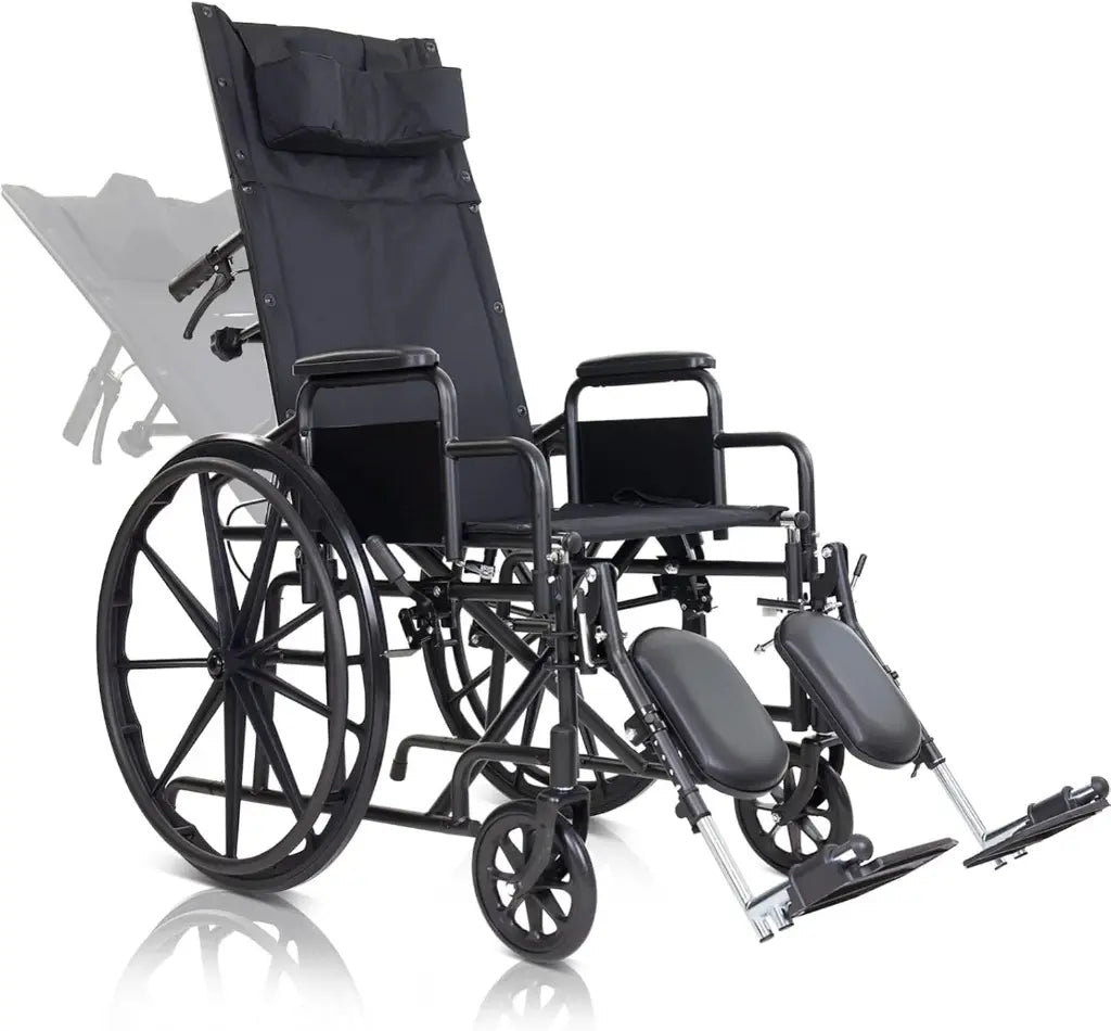 Black wheelchair with reclining backrest on a white background