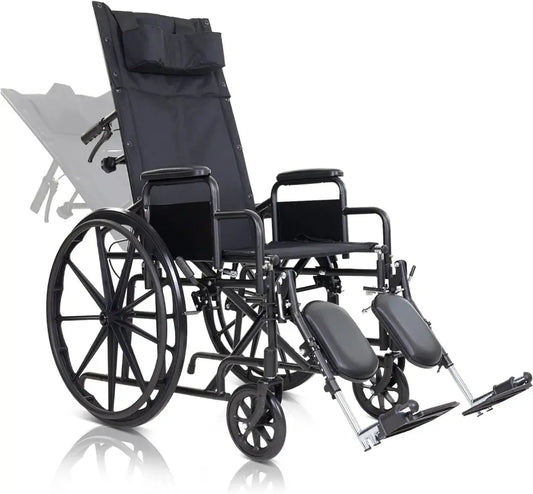 Black wheelchair with reclining backrest on a white background