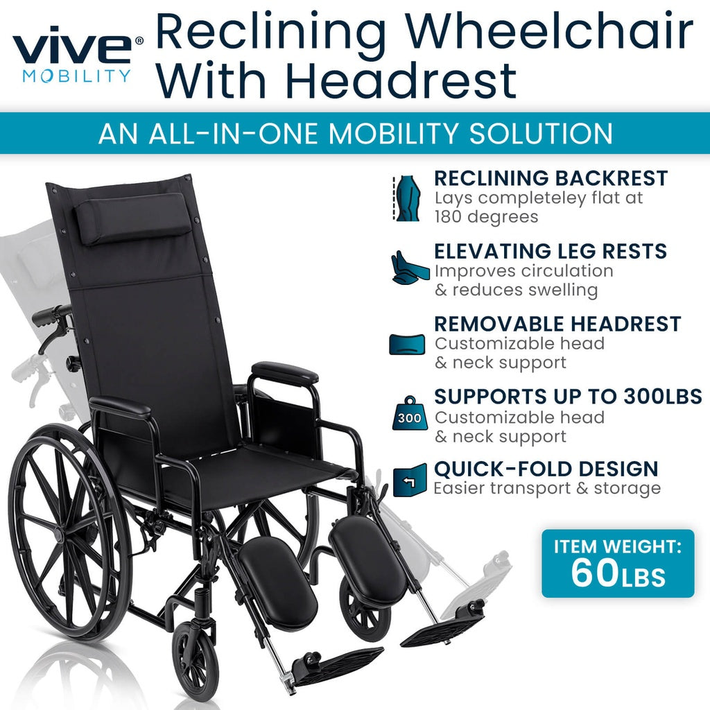 Reclining wheelchair with headrest and Vive Mobility branding