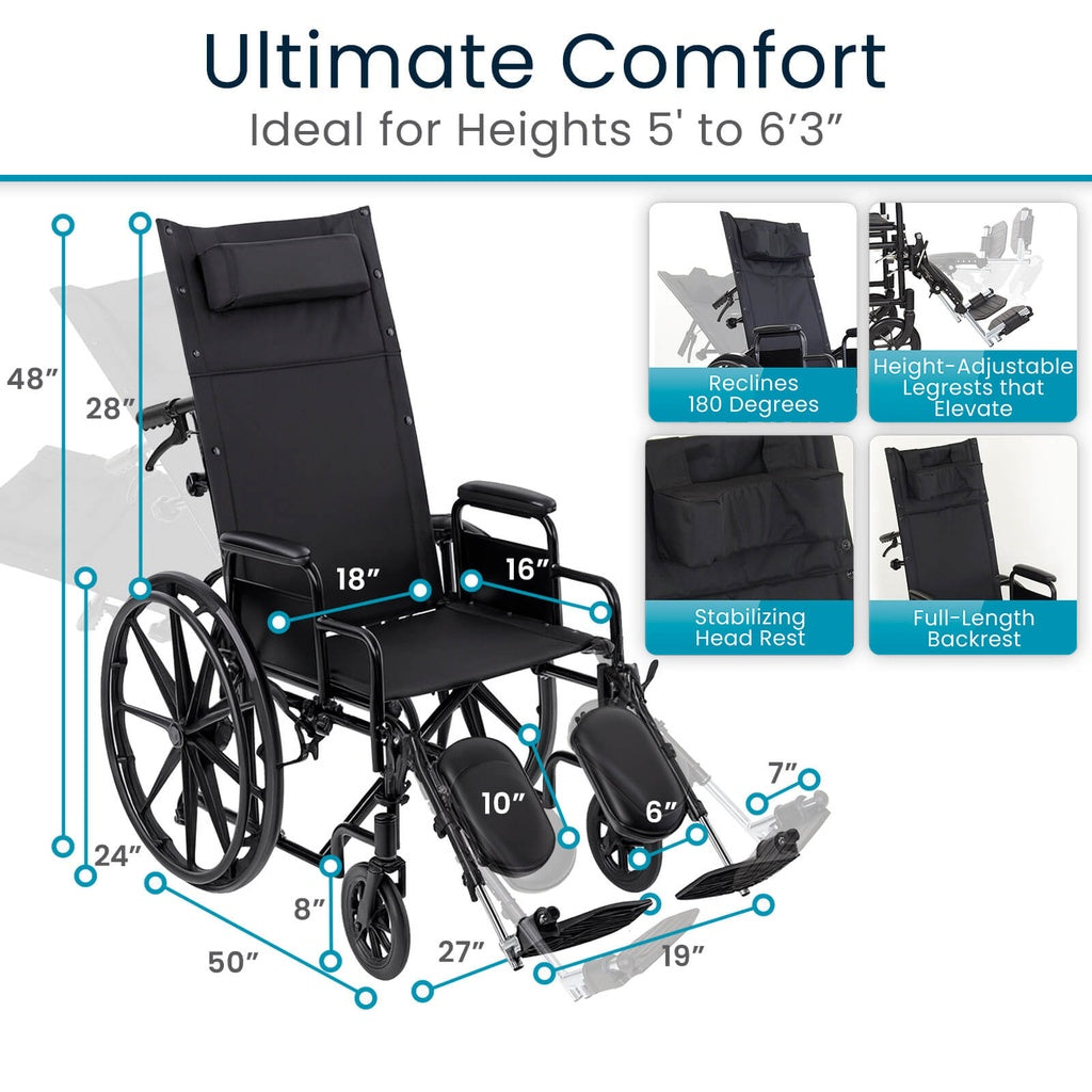 Wheelchair with measurements and features highlighted on a white background