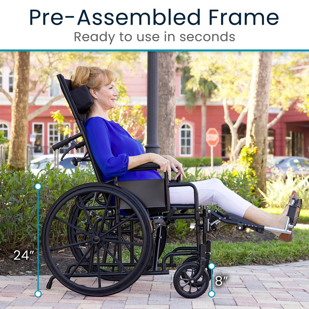 Woman using a wheelchair outdoors with text about pre-assembled frame
