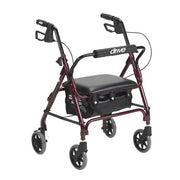 Red and black walker with a seat on a white background