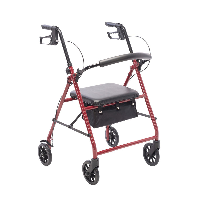 Red rollator with a black seat on a white background
