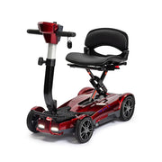 Red mobility scooter with a black seat on a white background