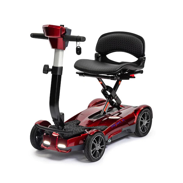 Red mobility scooter with a black seat on a white background