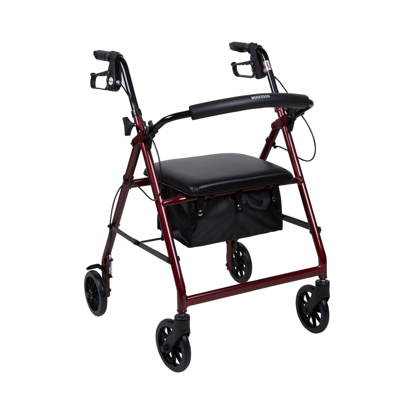 Red rollator with black seat and wheels on a white background